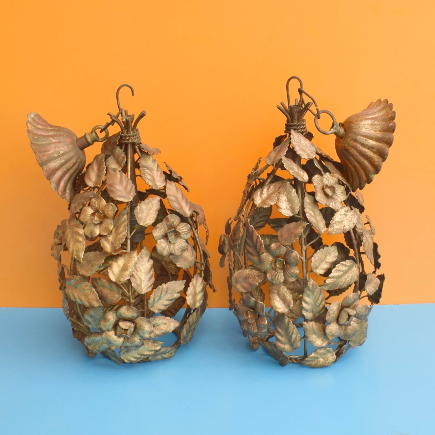 Vintage 1950s Gilded Metal Flower Light Fittings - Italian