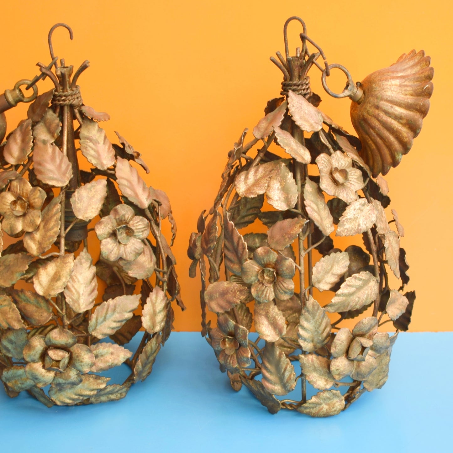 Vintage 1950s Gilded Metal Flower Light Fittings - Italian