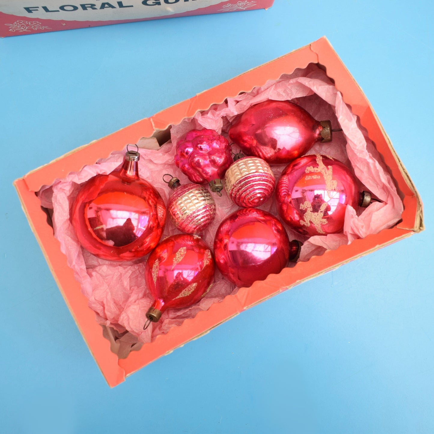 Vintage 1960s Mixed Glass Christmas Baubles - Pink - Great Old Sweet Box