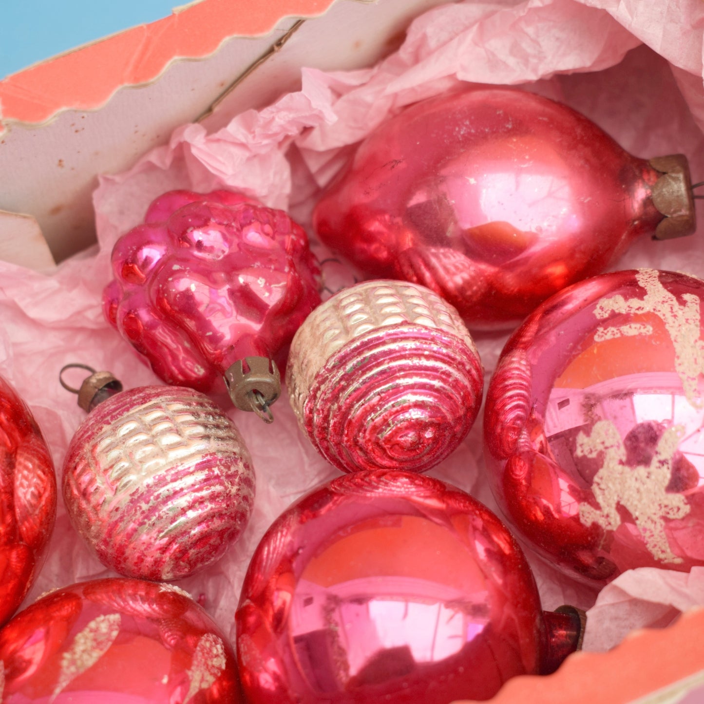 Vintage 1960s Mixed Glass Christmas Baubles - Pink - Great Old Sweet Box