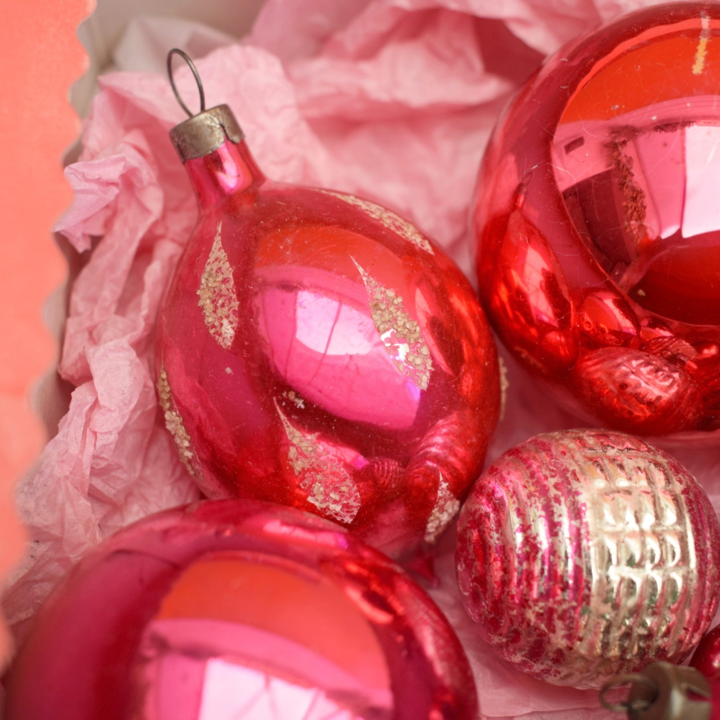 Vintage 1960s Mixed Glass Christmas Baubles - Pink - Great Old Sweet Box
