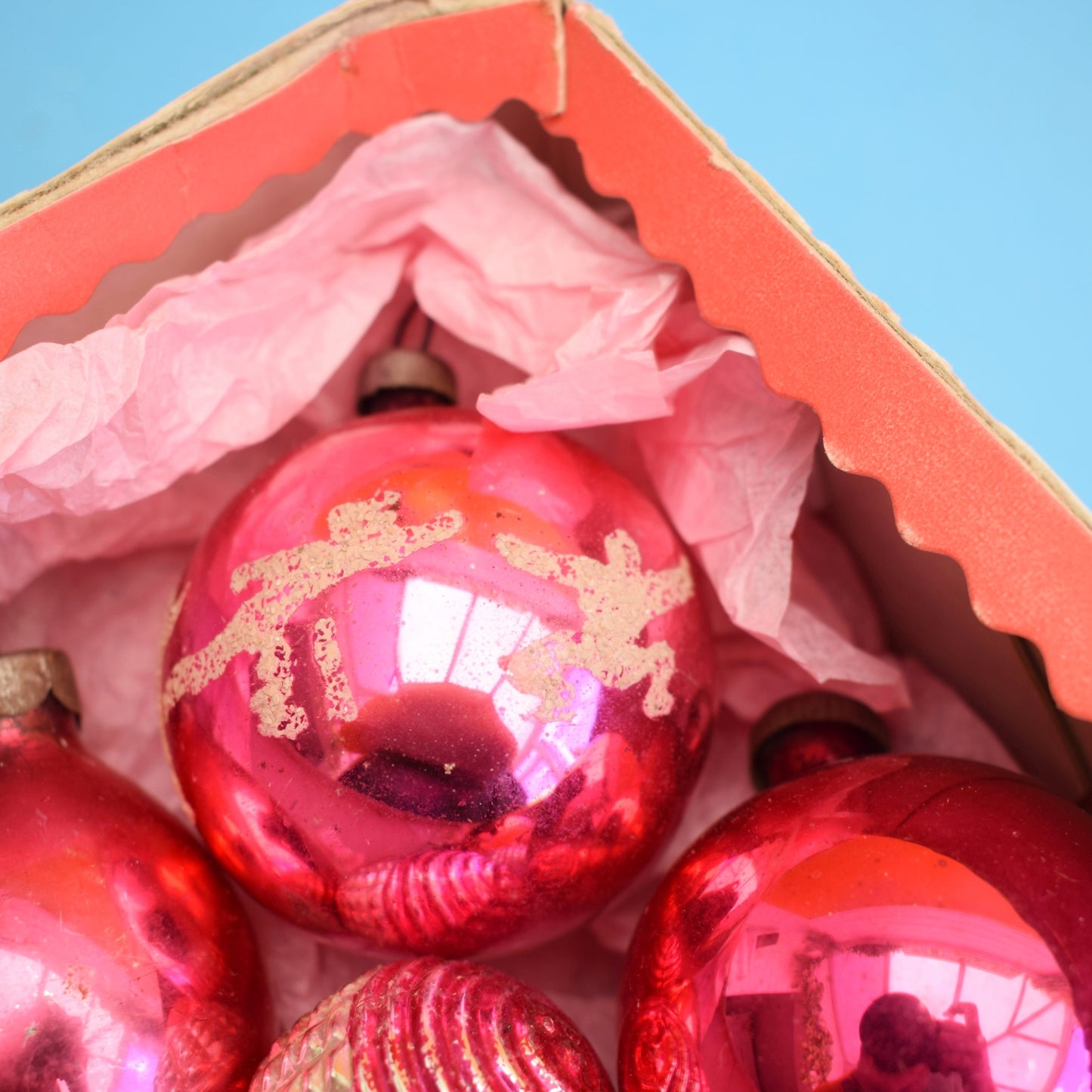 Vintage 1960s Mixed Glass Christmas Baubles - Pink - Great Old Sweet Box