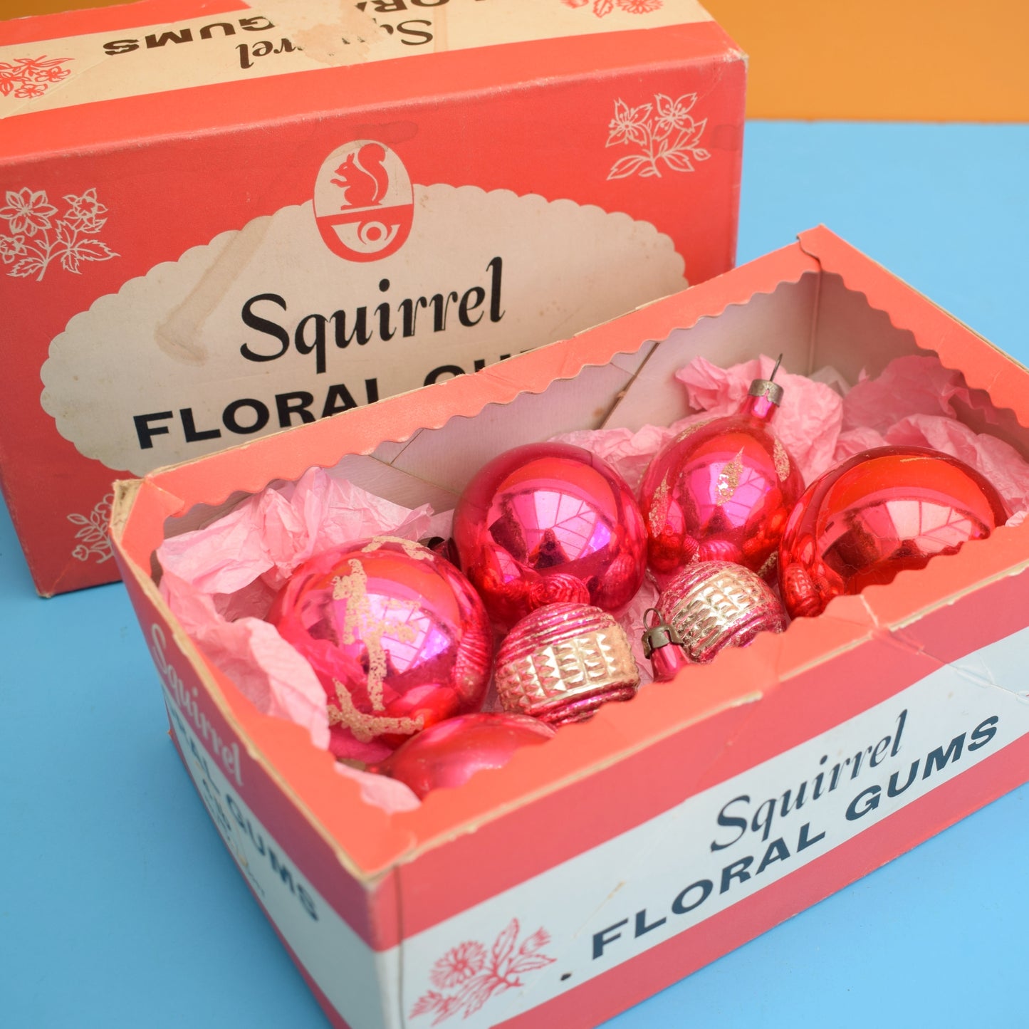 Vintage 1960s Mixed Glass Christmas Baubles - Pink - Great Old Sweet Box