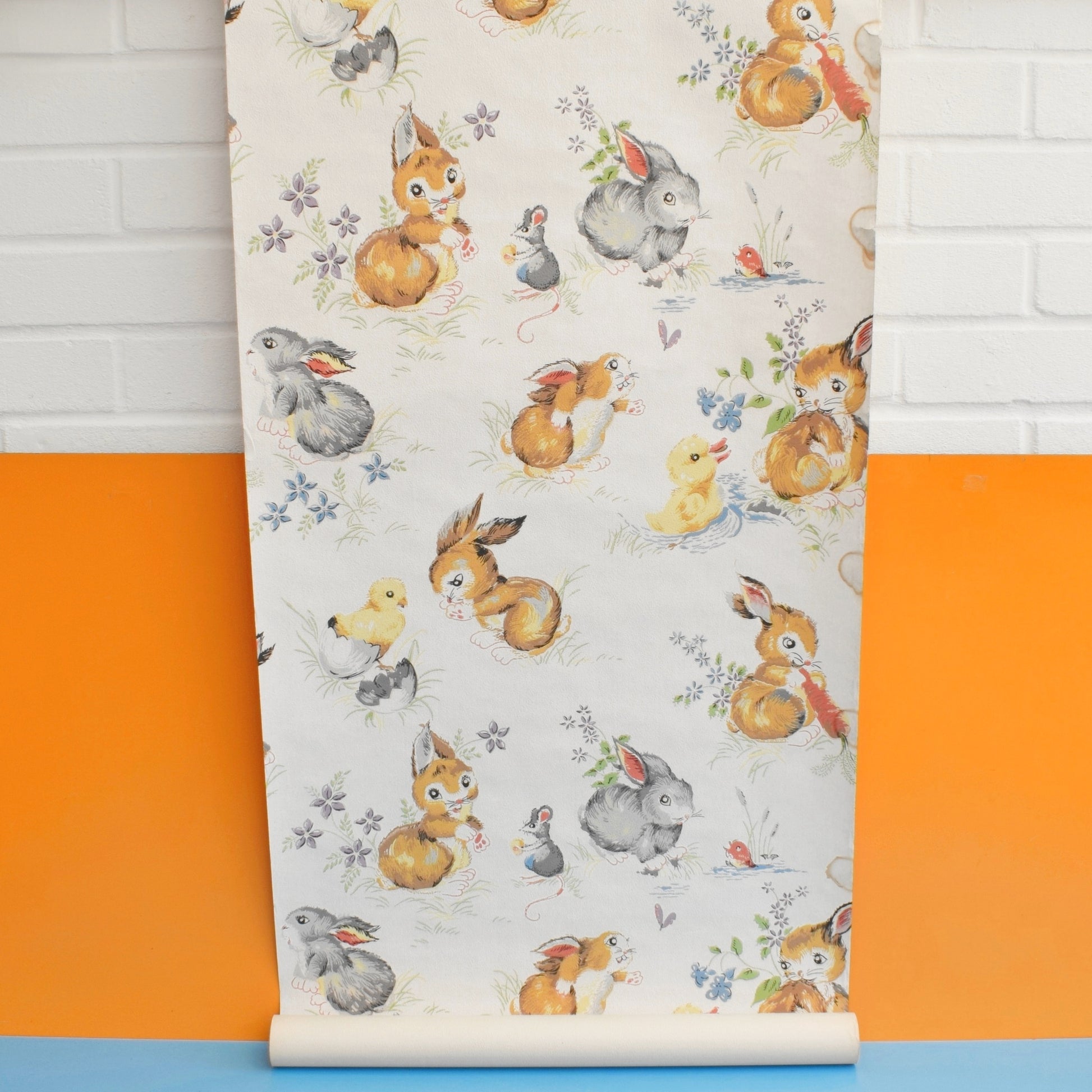 Vintage 1960s Wallpaper Roll - Kitsch Animal Bunny / Chick / Mouse Themed - Craft by Pineapple Retro