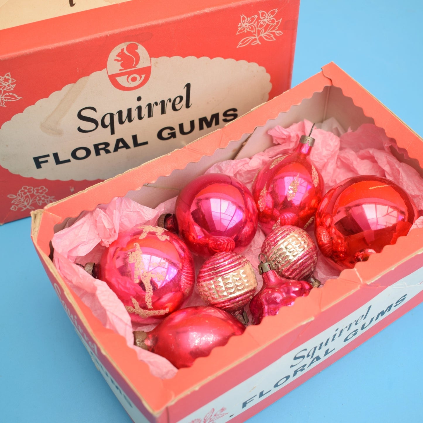 Vintage 1960s Mixed Glass Christmas Baubles - Pink - Great Old Sweet Box