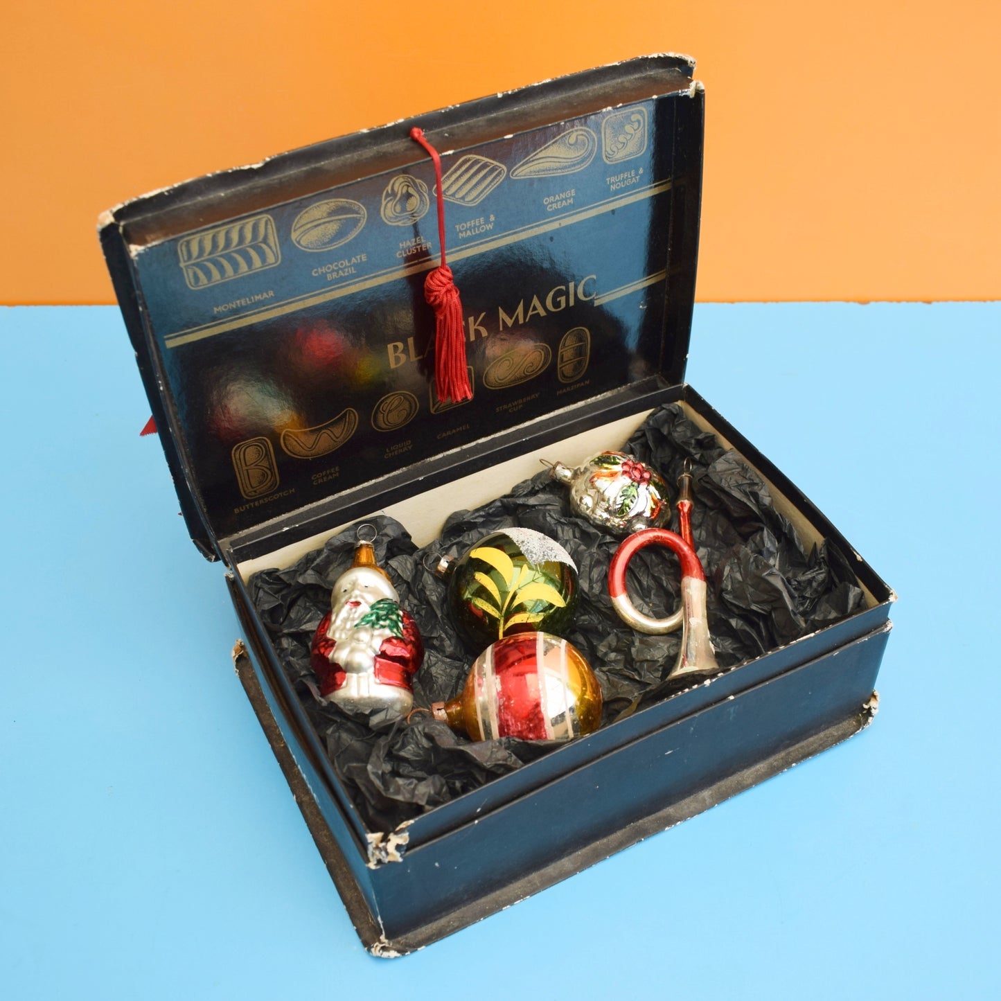 Vintage Mixed Glass Christmas Baubles - Red & Green- Black Magic Box