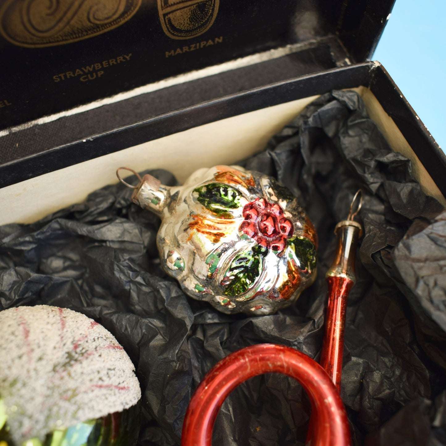 Vintage Mixed Glass Christmas Baubles - Red & Green- Black Magic Box