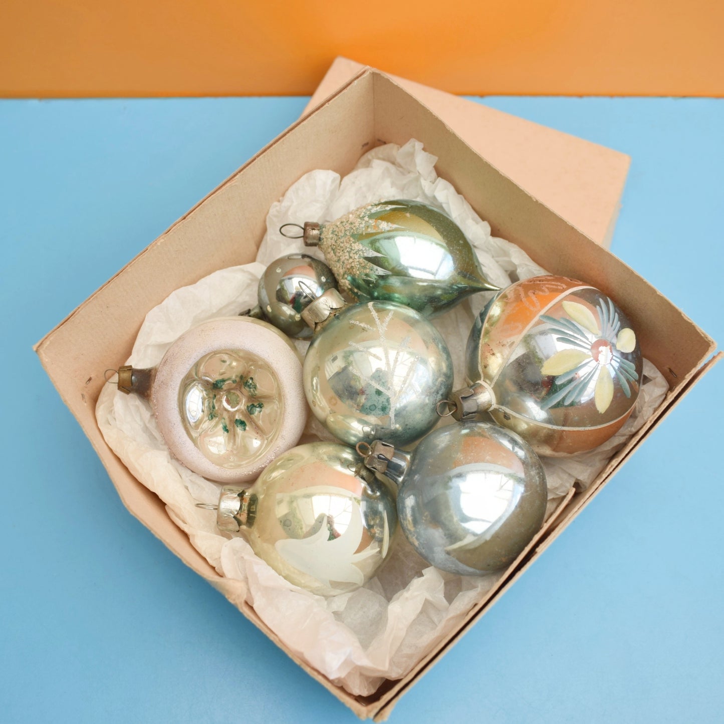 Vintage Mixed Glass Christmas Baubles - Silver / Pale Blue / Green x7