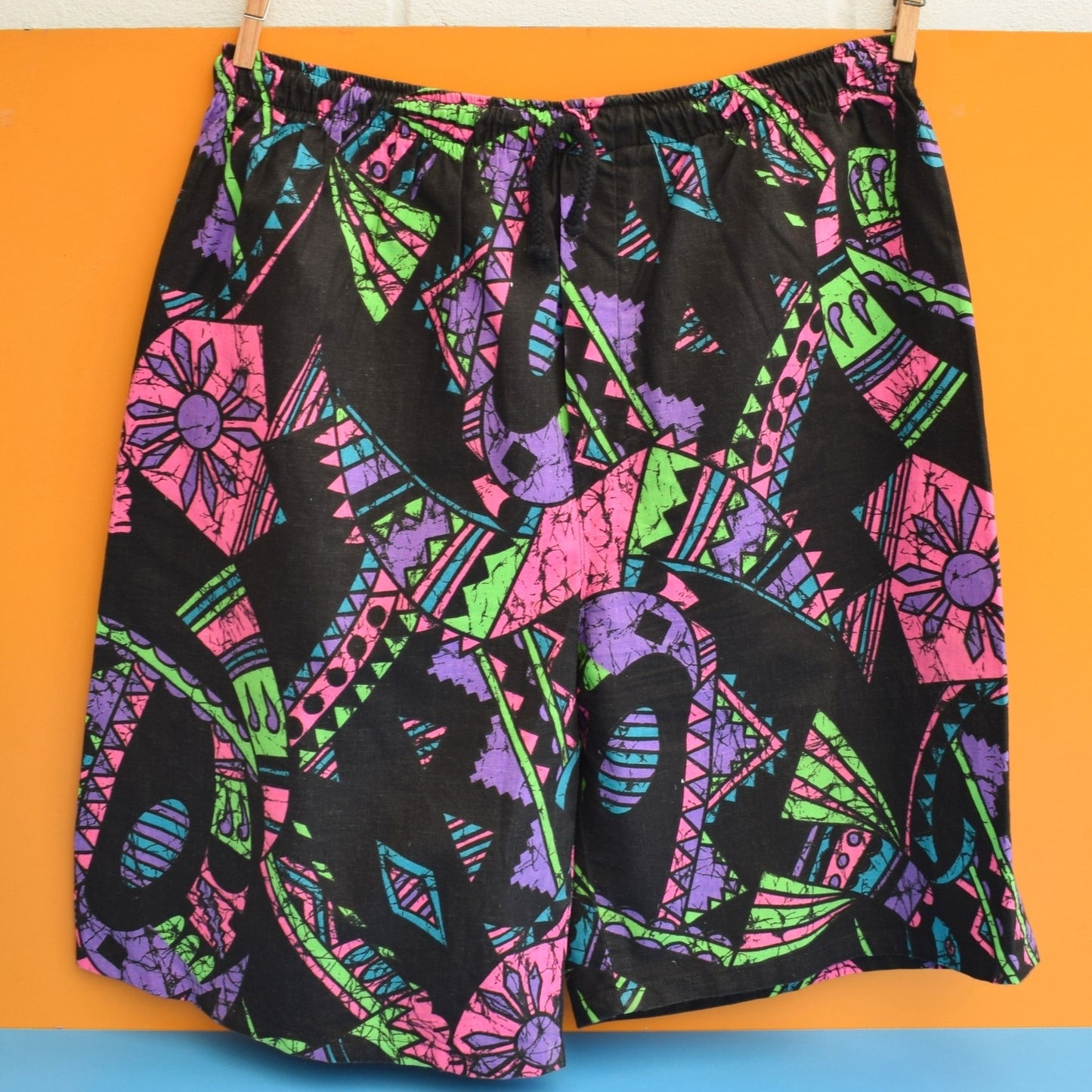 Vintage 1980s Cotton Board Shorts - Fluorescent Colours On Black by Pineapple Retro