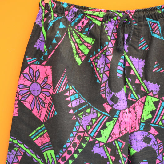 Vintage 1980s Cotton Board Shorts - Fluorescent Colours On Black by Pineapple Retro