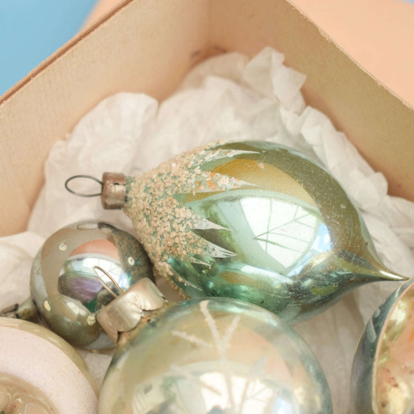 Vintage Mixed Glass Christmas Baubles - Silver / Pale Blue / Green x7
