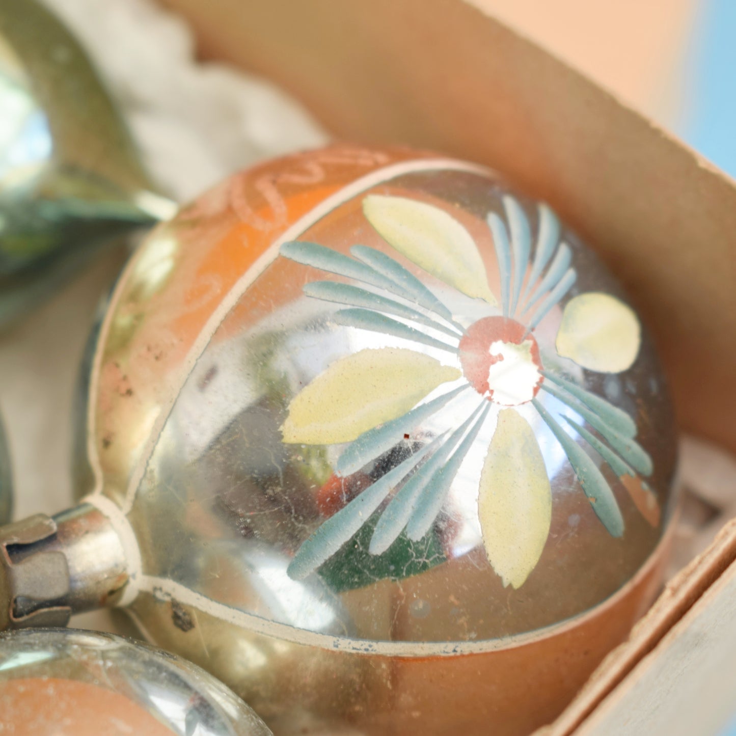 Vintage Mixed Glass Christmas Baubles - Silver / Pale Blue / Green x7