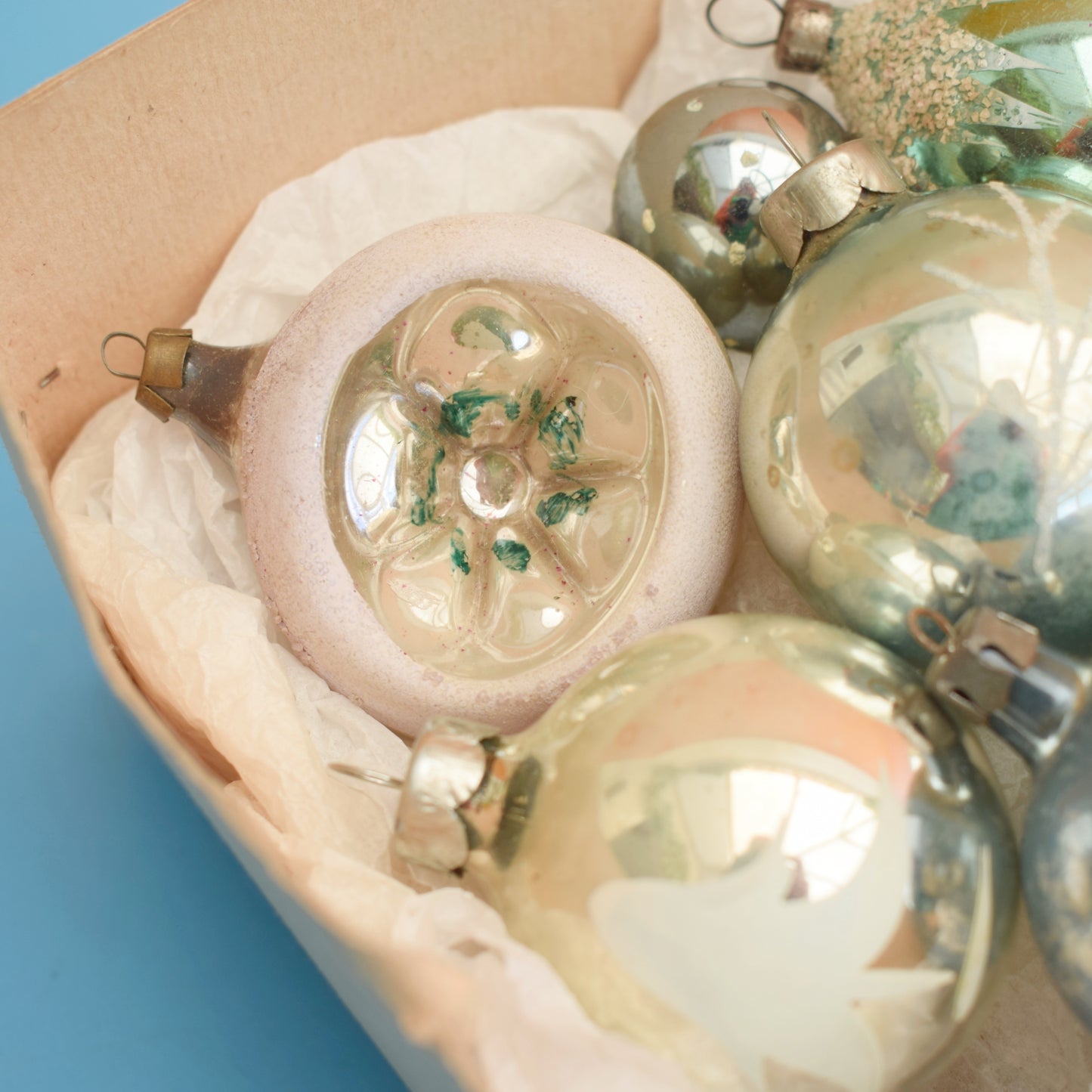Vintage Mixed Glass Christmas Baubles - Silver / Pale Blue / Green x7