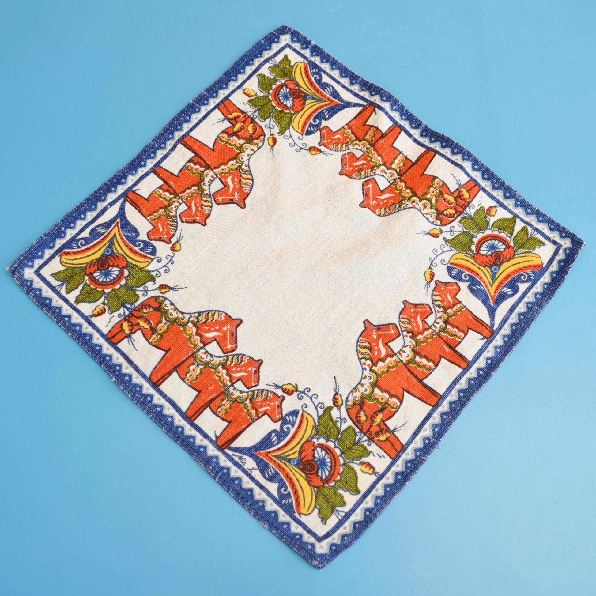 Vintage 1970s Dala Horse Swedish Linen Handkerchief/ Napkin by Vintage
