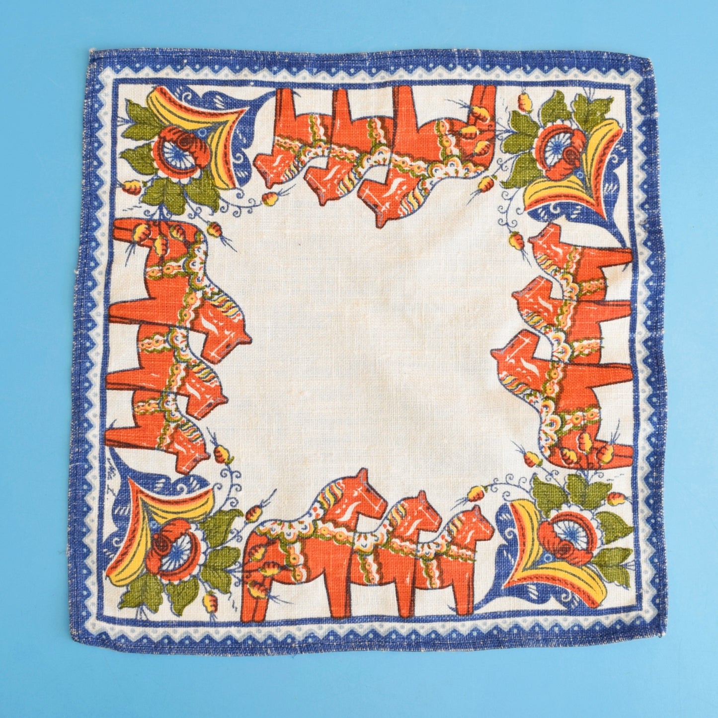 Vintage 1970s Dala Horse Swedish Linen Handkerchief/ Napkin by Vintage