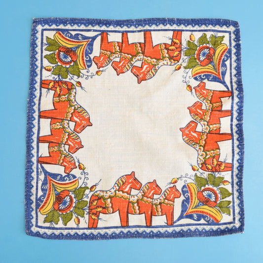 Vintage 1970s Dala Horse Swedish Linen Handkerchief/ Napkin by Vintage