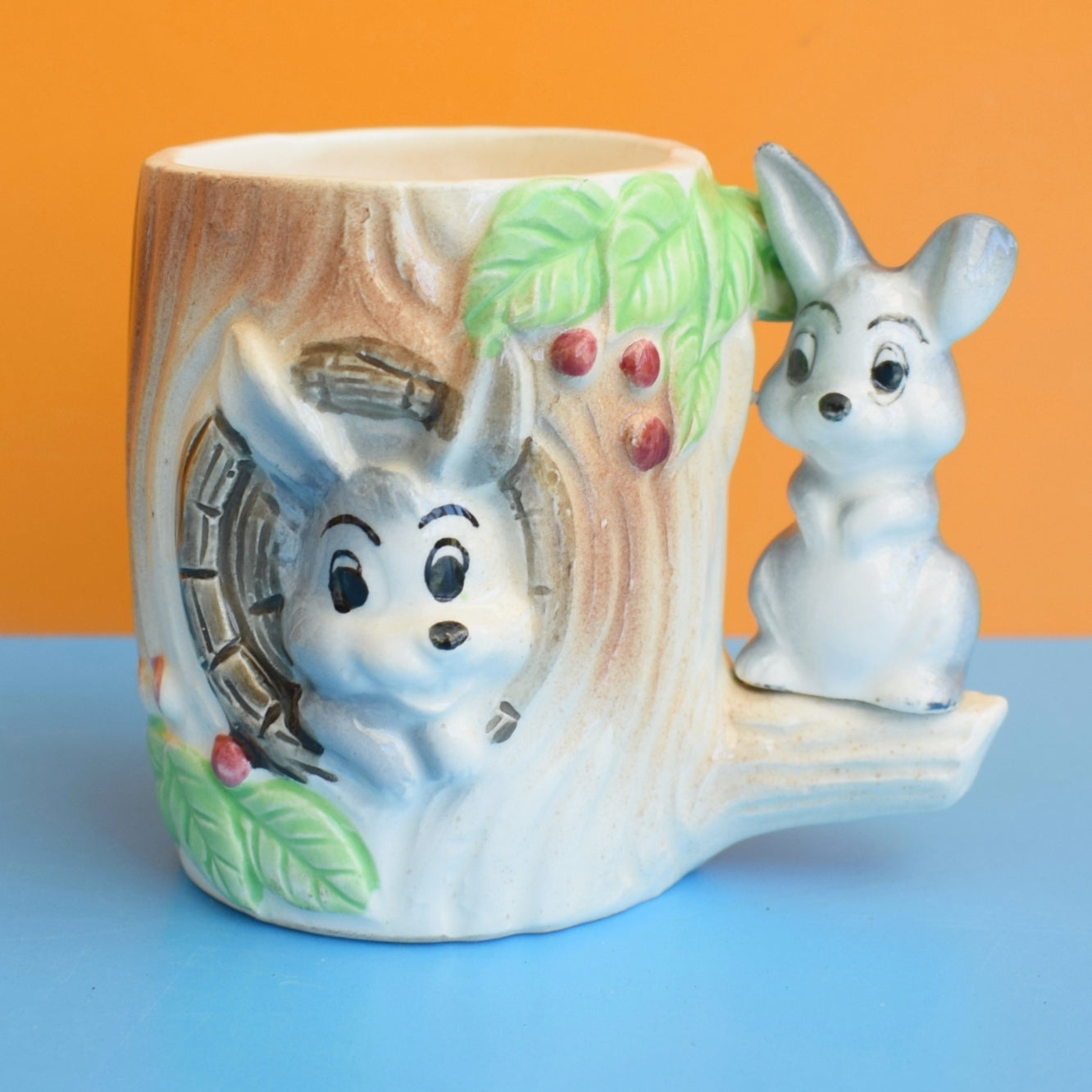 Vintage 1960s Kitsch Ceramic Tree Trunk Bunny Mug by Vintage