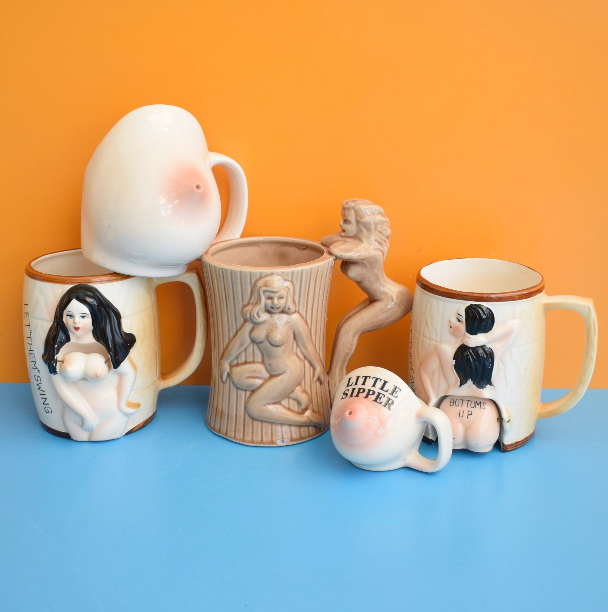 Vintage 1970s Mugs - Bums & Boobs - Cheeky by Pineapple Retro