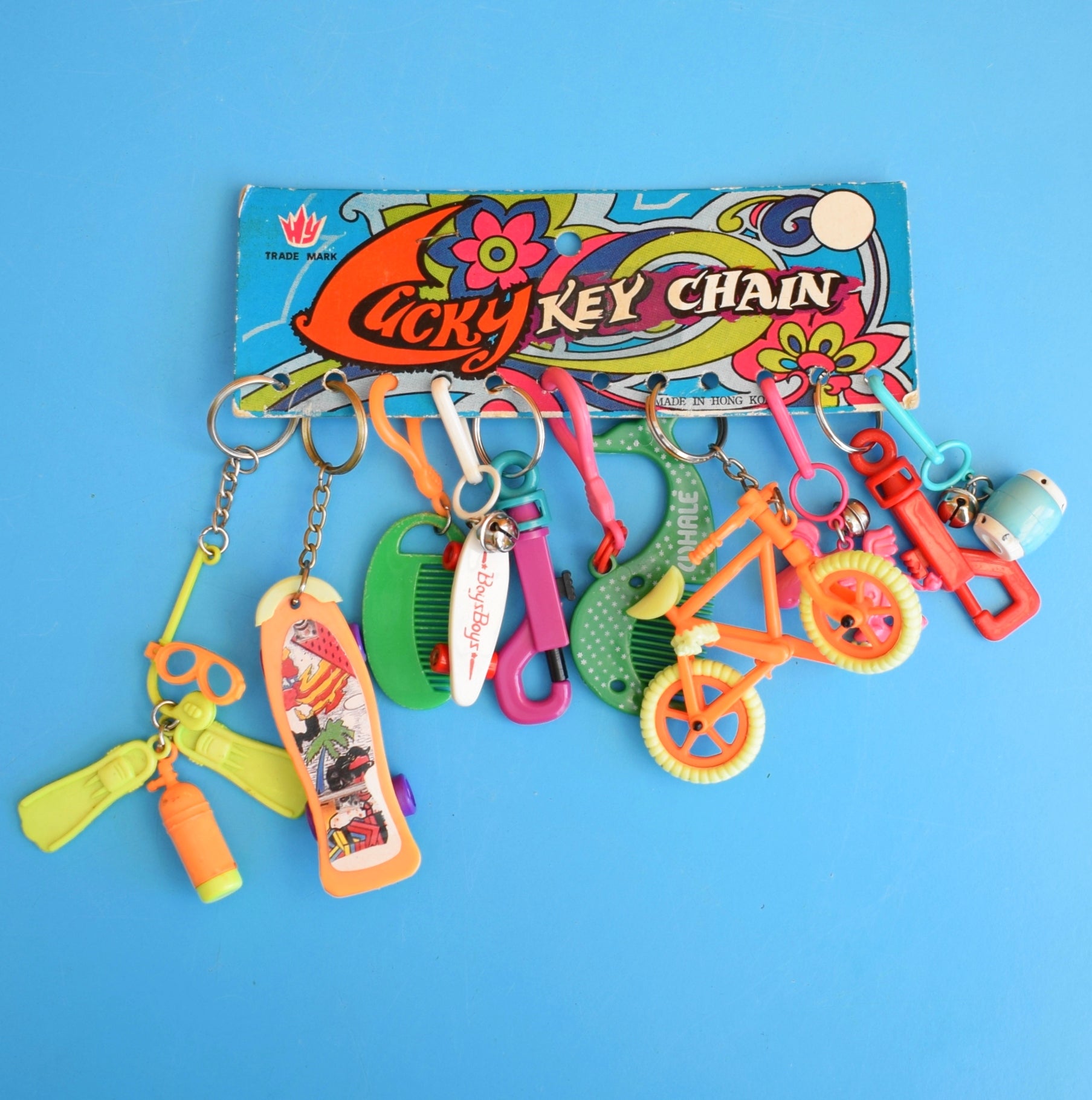 Vintage 1980s Mixed Keyring Collection - BMX / Skateboard On Card by Pineapple Retro