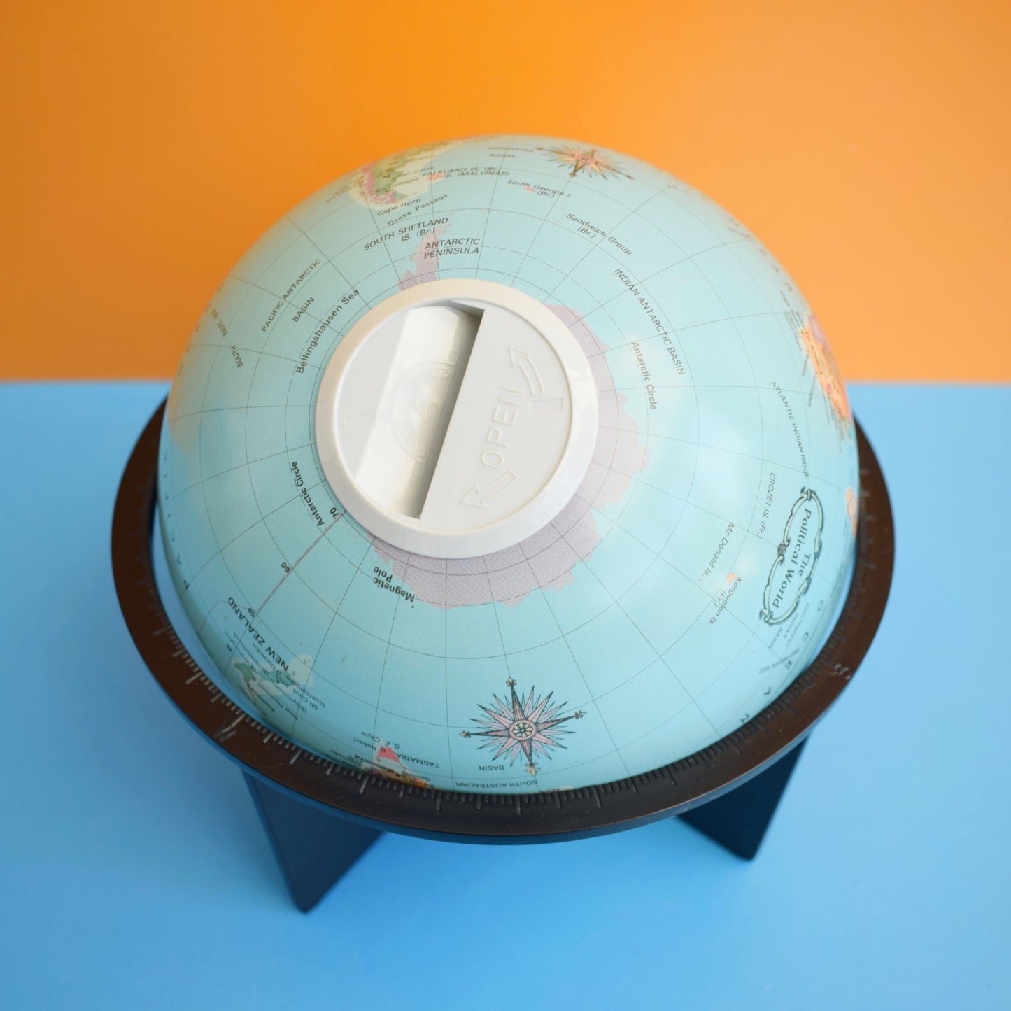 Vintage 1960s Small Plastic Globe On Stand - Money Box - Danish by Vintage