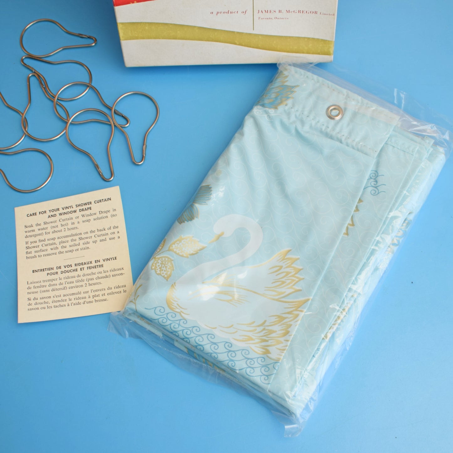 Vintage 1960s Shower Curtain - Unused- Blue Swans by Vintage