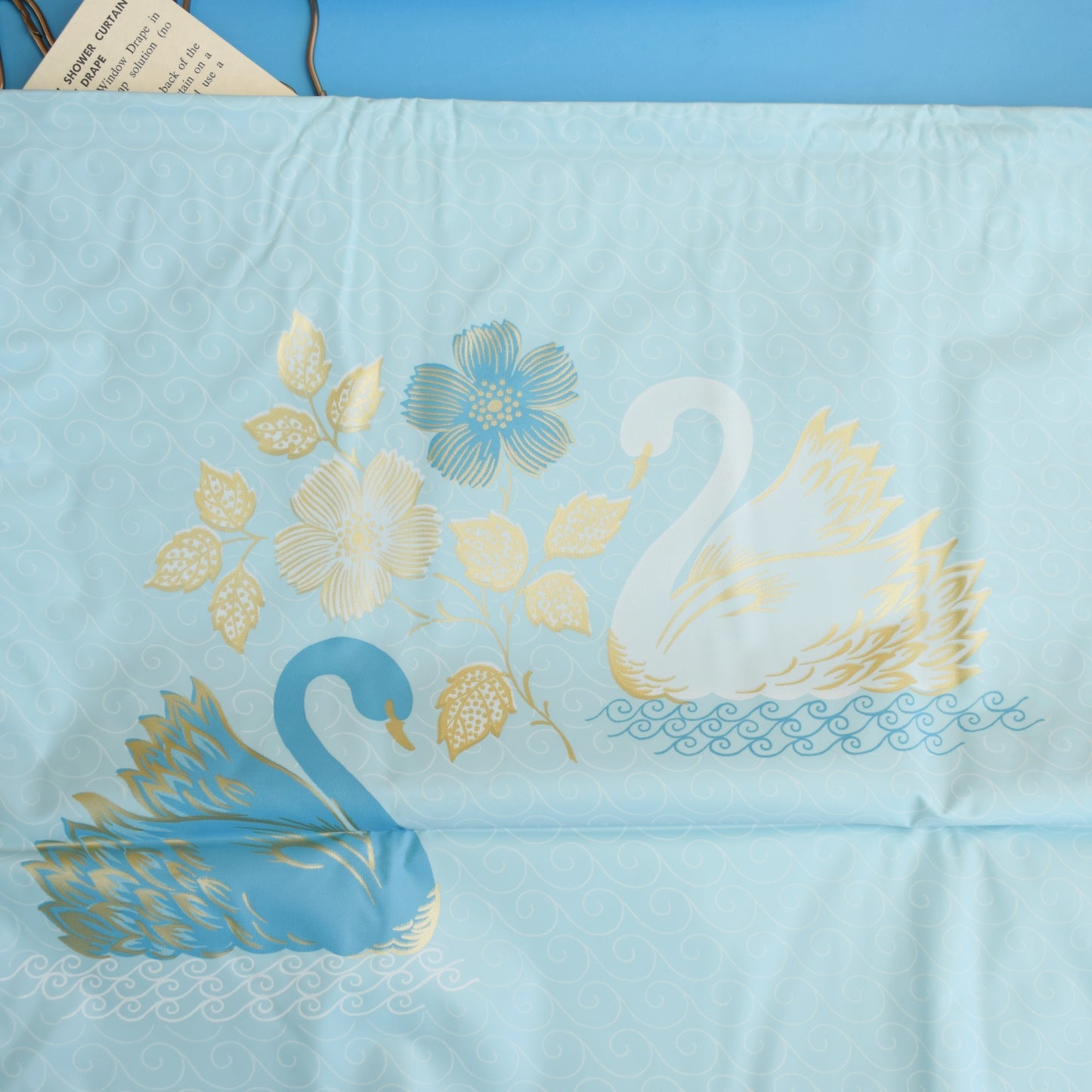 Vintage 1960s Shower Curtain - Unused- Blue Swans by Vintage