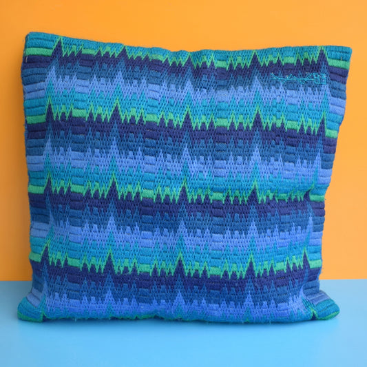 Vintage 1960s Bargello Large Tapestry Cushion - Op Art - Blue by Vintage