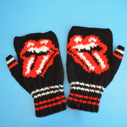 Retro Hand Knitted Fingerless Gloves - Unisex Adult - Rolling Stones