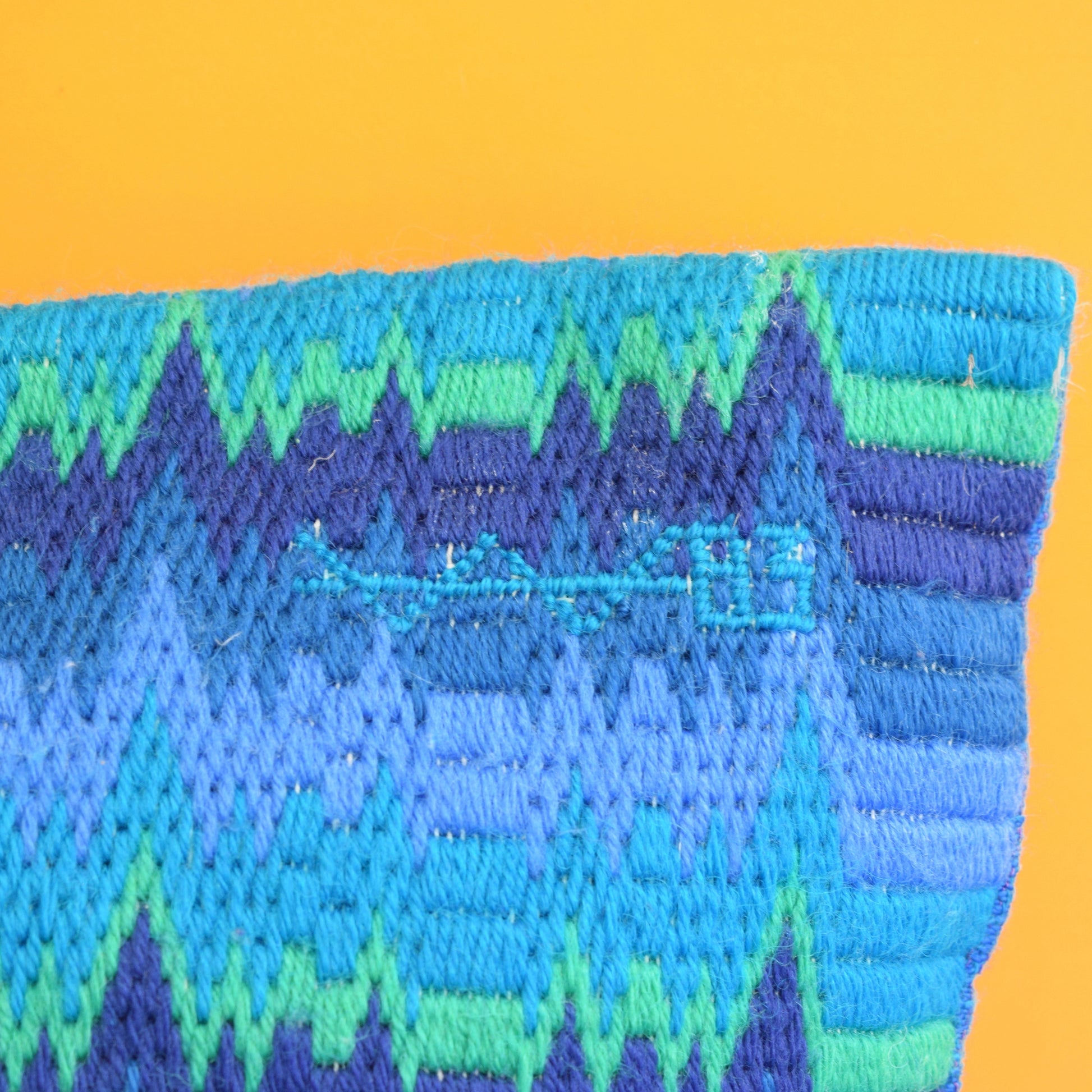 Vintage 1960s Bargello Large Tapestry Cushion - Op Art - Blue by Vintage