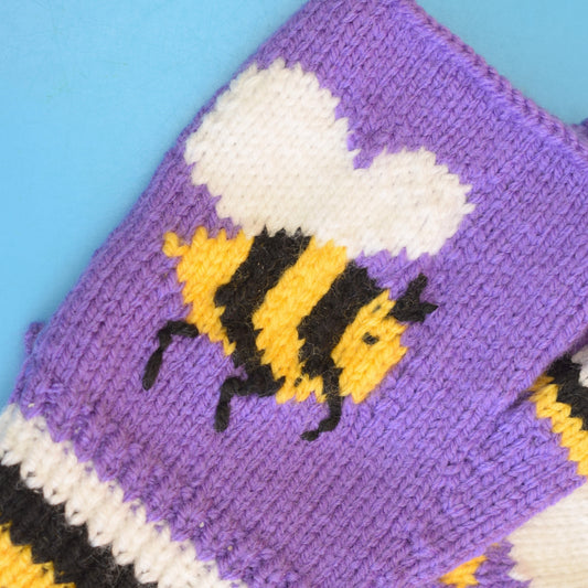 Retro Hand Knitted Fingerless Gloves - Small Adult - Bear/ Bee