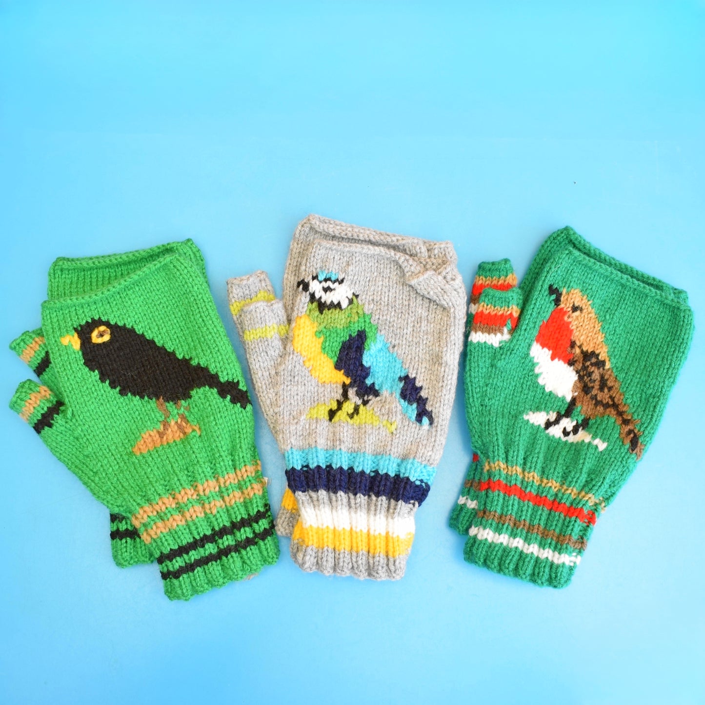 Retro Hand Knitted Fingerless Gloves - Adult - Birds/ Bees
