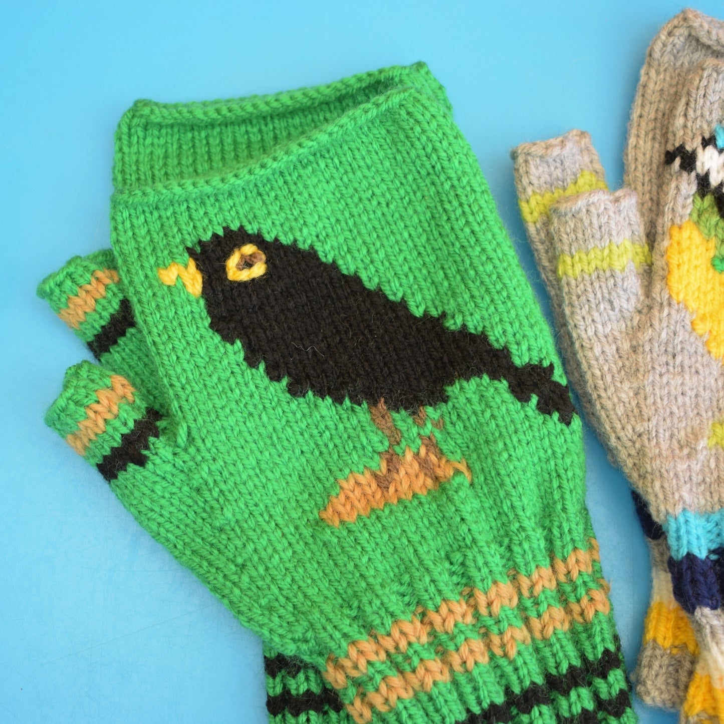 Retro Hand Knitted Fingerless Gloves - Adult - Birds/ Bees