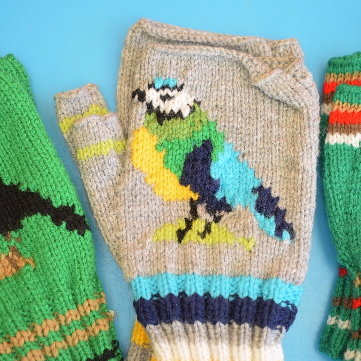 Retro Hand Knitted Fingerless Gloves - Adult - Birds/ Bees