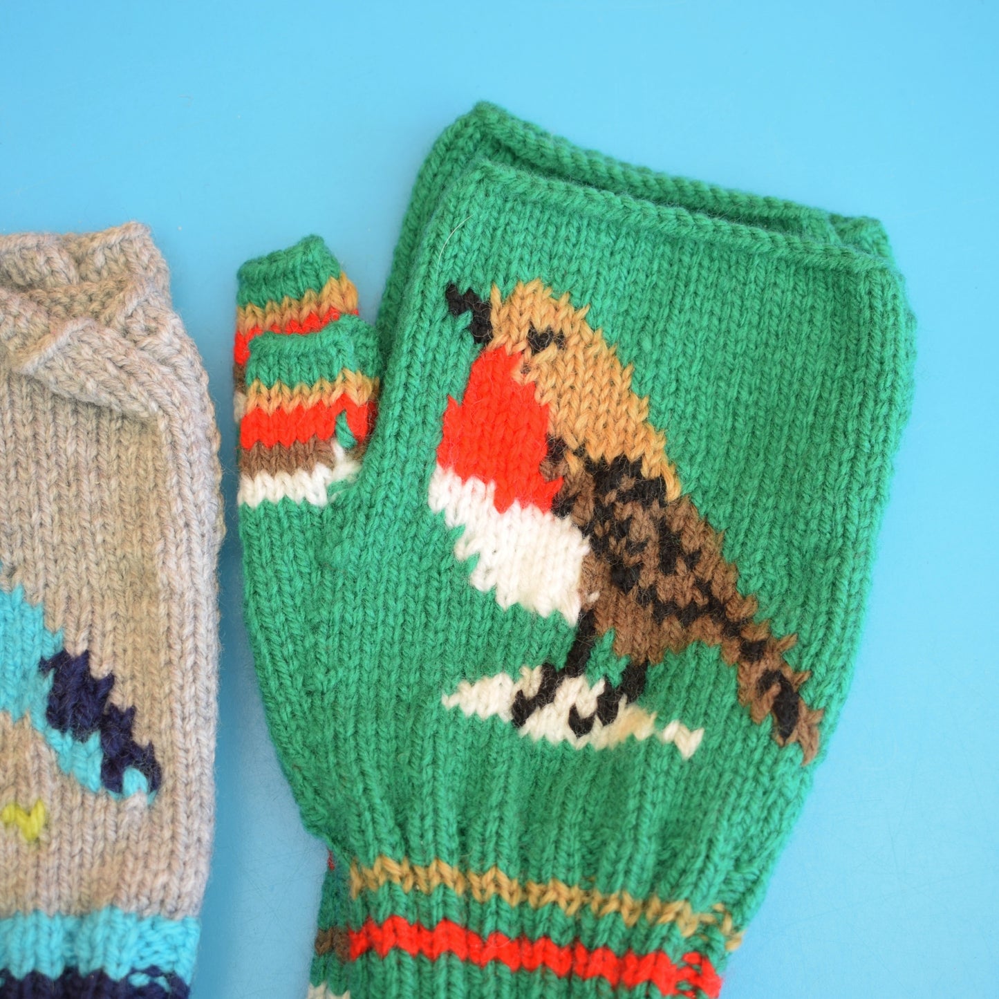 Retro Hand Knitted Fingerless Gloves - Adult - Birds/ Bees
