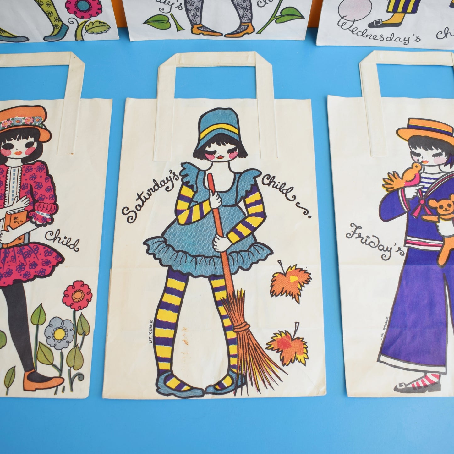 Vintage 1970s Paper Bags - by Liz Reber - Days Of The Week x6 by Eric's Cards