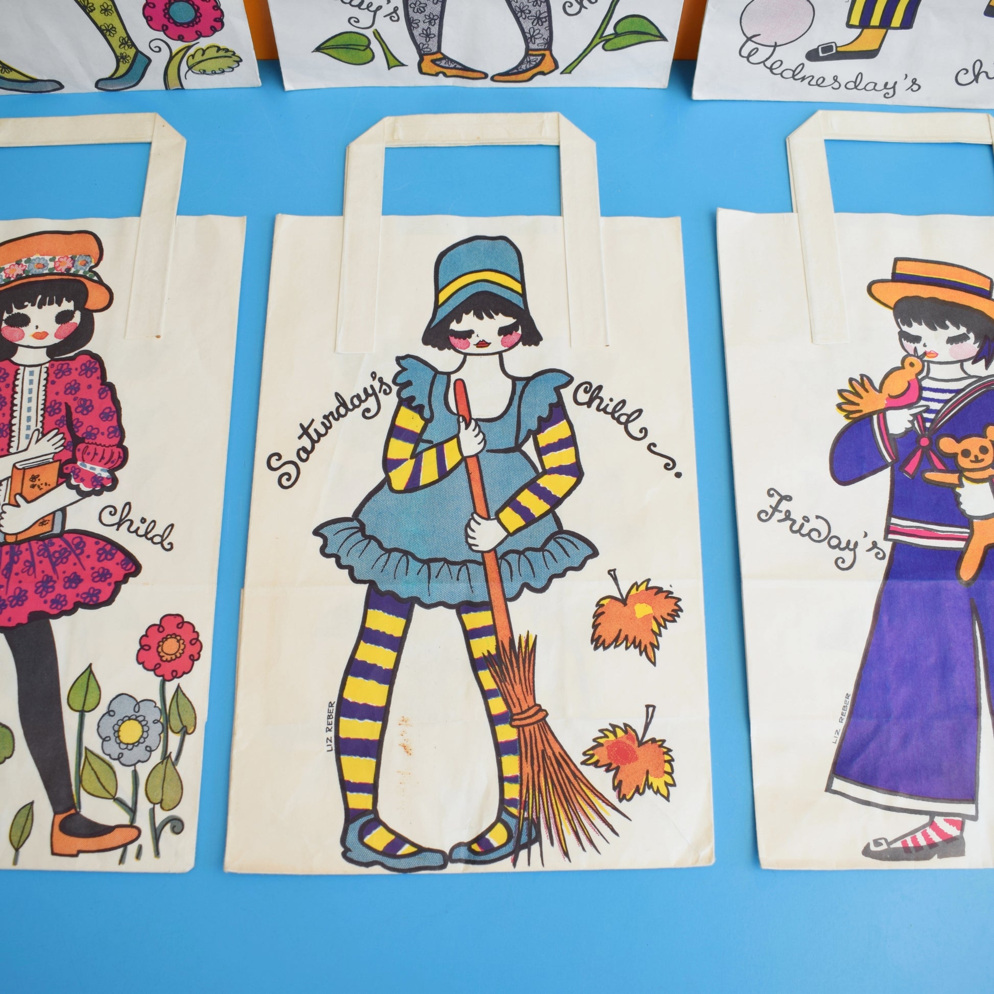 Vintage 1970s Paper Bags - by Liz Reber - Days Of The Week x6 by Eric's Cards