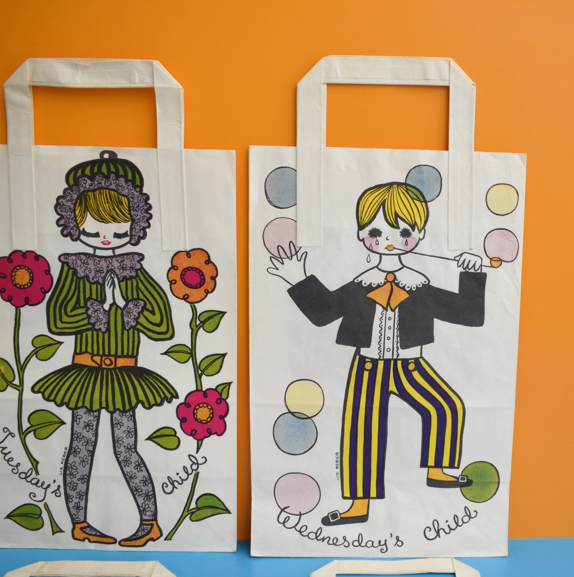 Vintage 1970s Paper Bags - by Liz Reber - Days Of The Week x6 by Eric's Cards