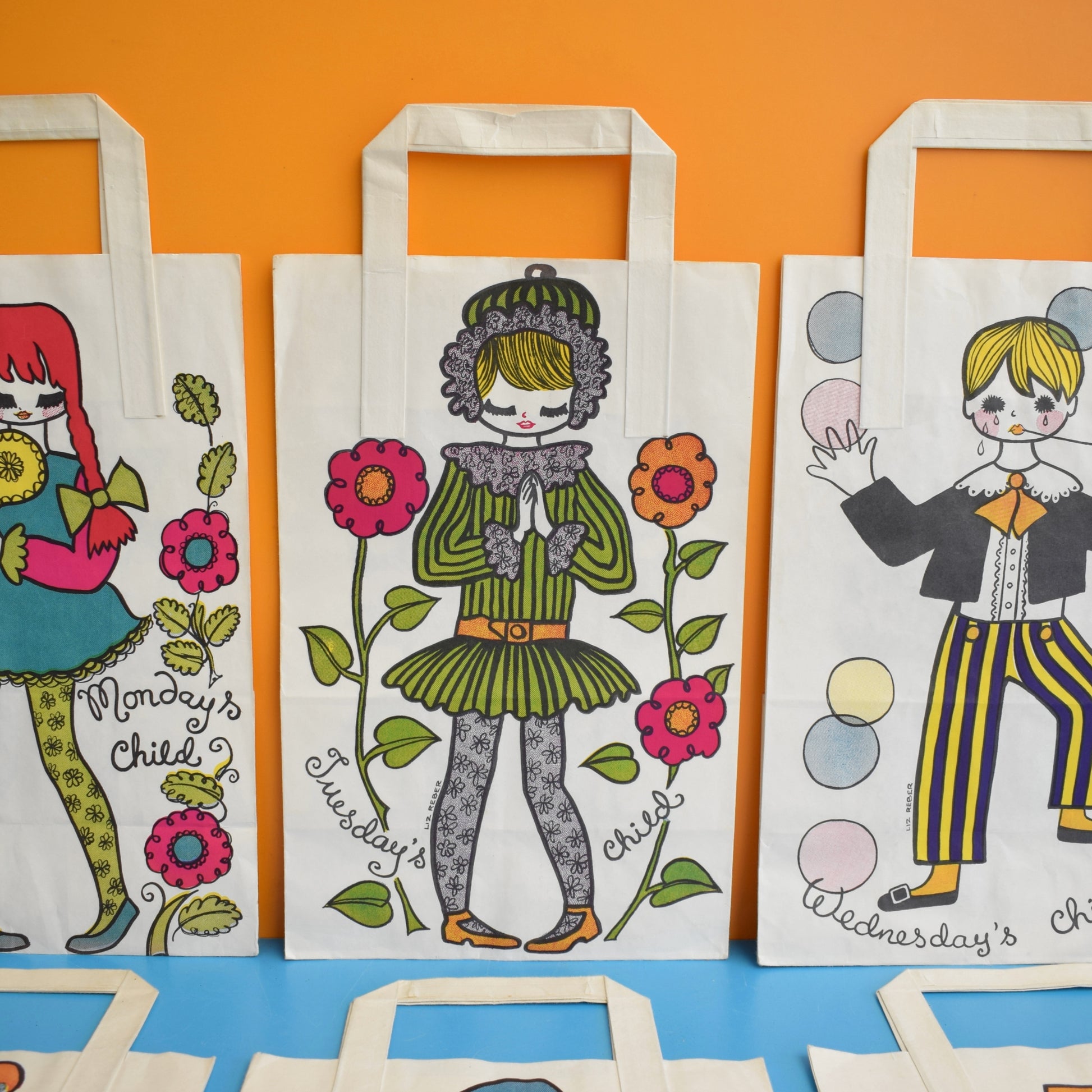 Vintage 1970s Paper Bags - by Liz Reber - Days Of The Week x6 by Eric's Cards