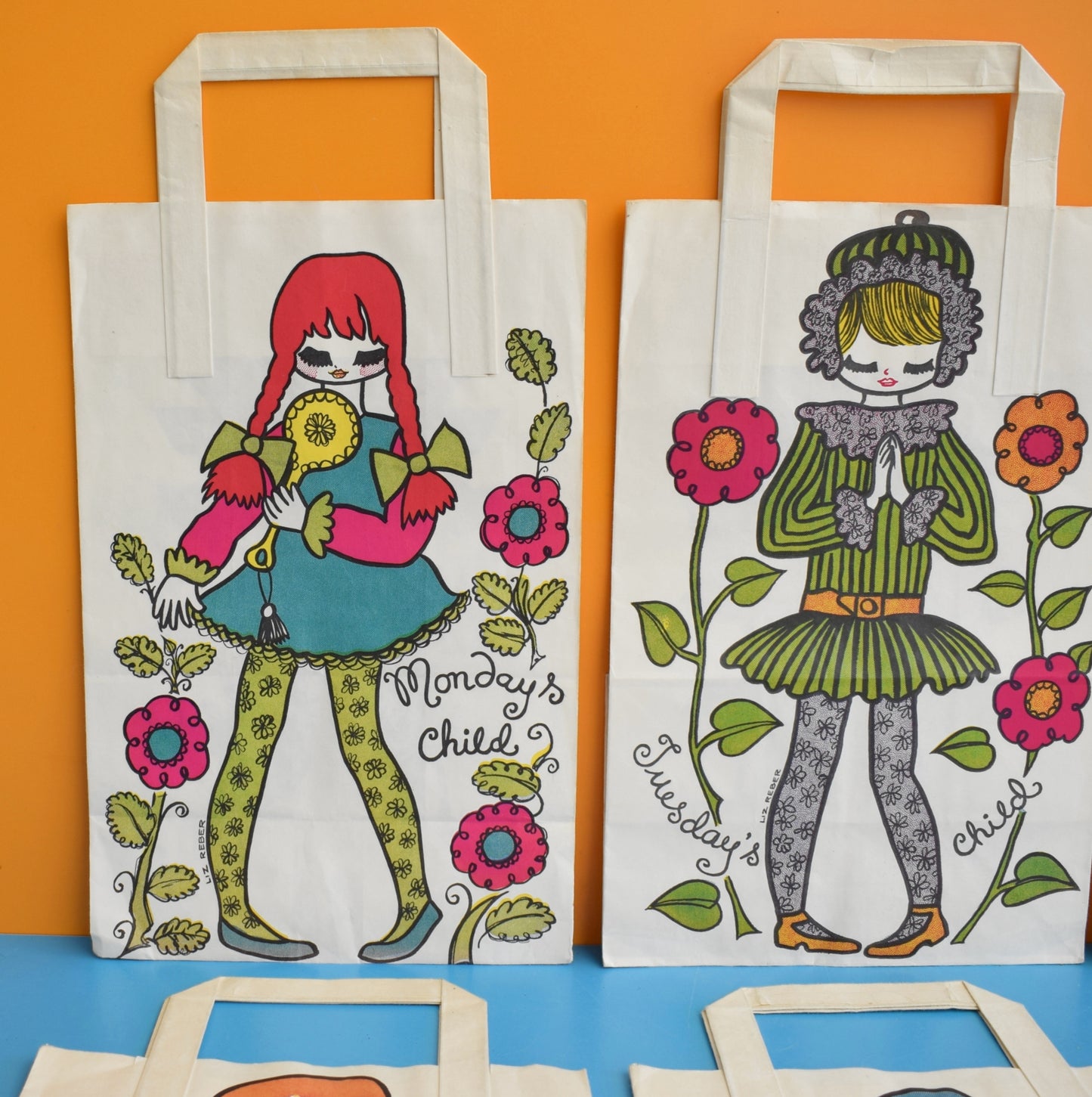 Vintage 1970s Paper Bags - by Liz Reber - Days Of The Week x6 by Eric's Cards