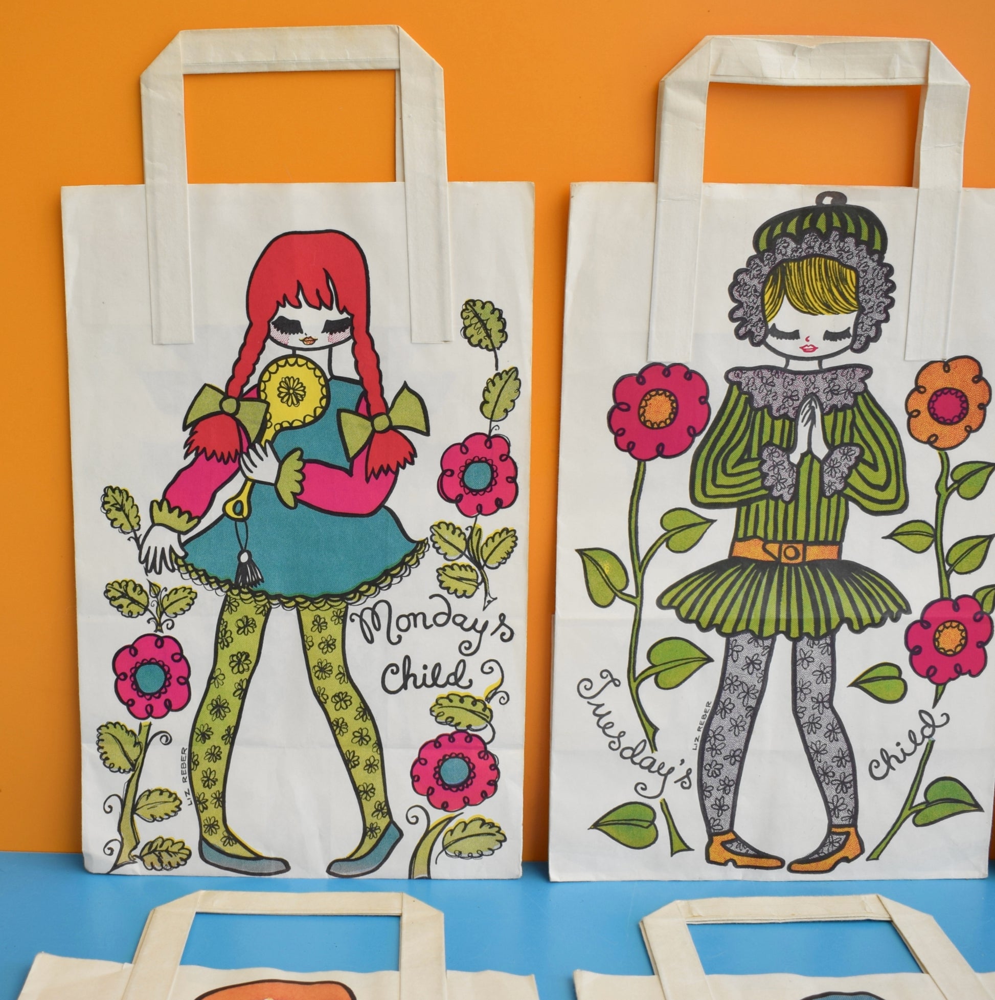 Vintage 1970s Paper Bags - by Liz Reber - Days Of The Week x6 by Eric's Cards