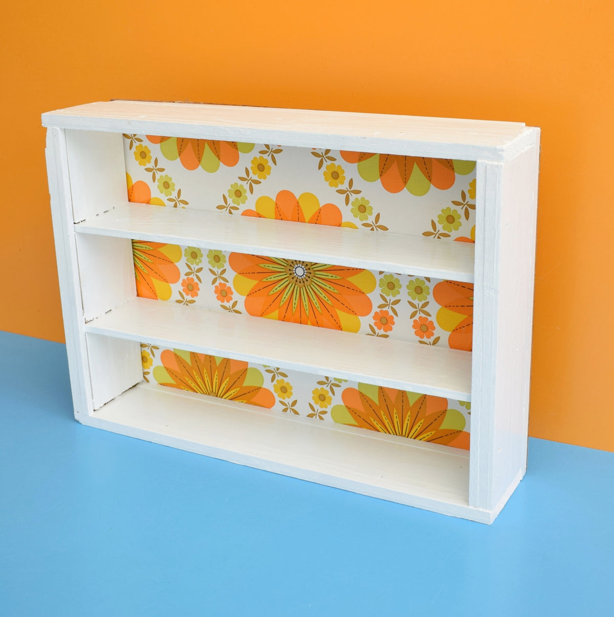 Vintage 1970s Wooden Display Shelf - Yellow Flower Power by Vintage
