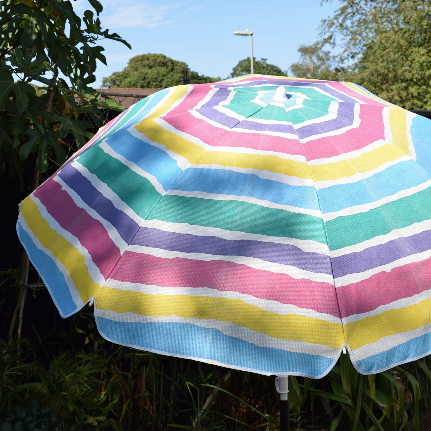 Vintage 1990s Garden Parasol - Pink, Purple, Blue, Yellow & Turquoise Stripes by Vintage