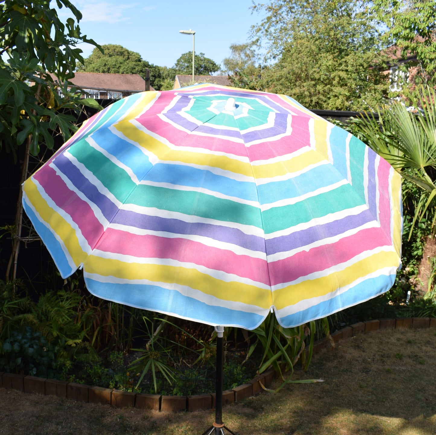 Vintage 1990s Garden Parasol - Pink, Purple, Blue, Yellow & Turquoise Stripes by Vintage