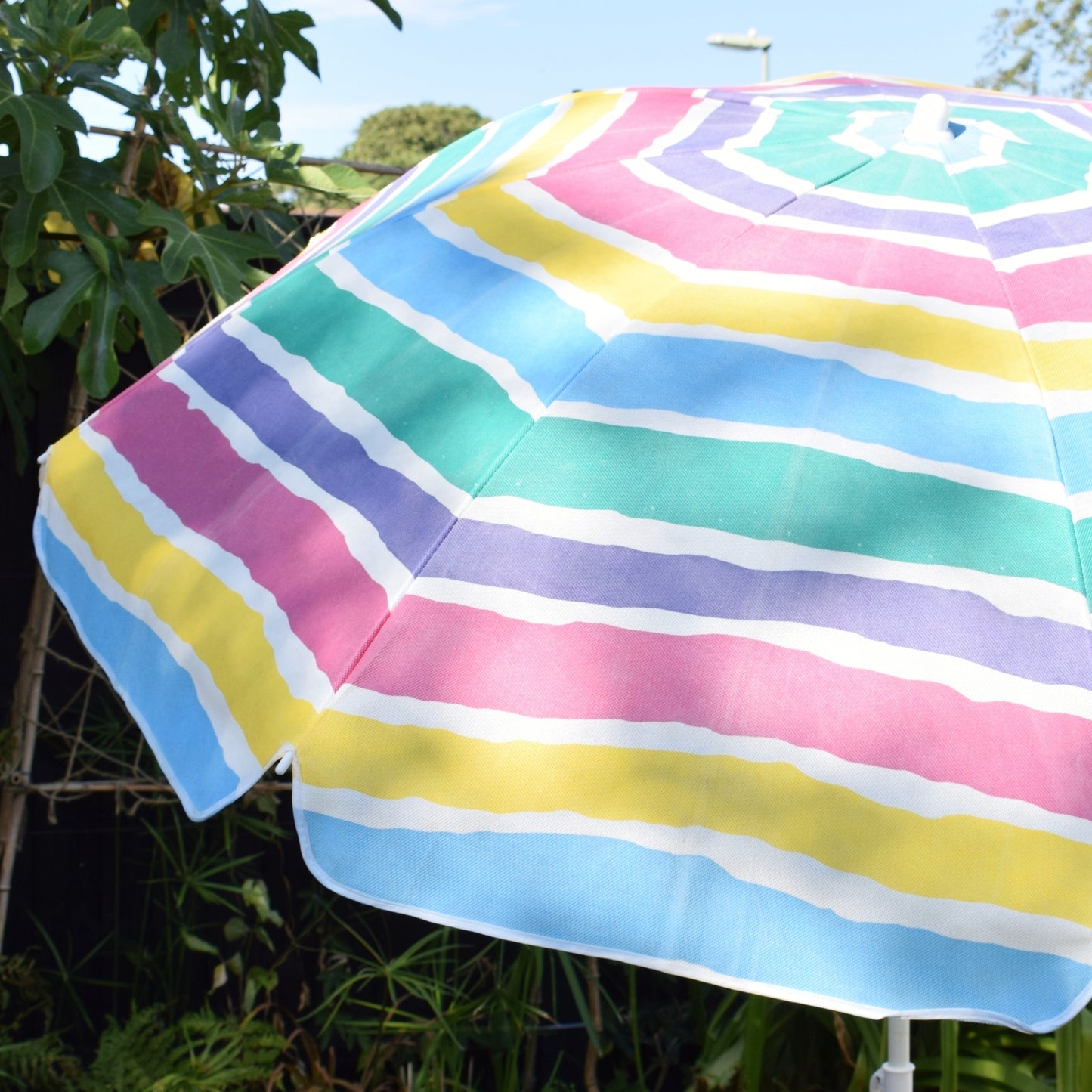 Vintage 1980s Garden Parasol - Pink, Purple, Blue, Yellow & Turquoise Stripes by Vintage