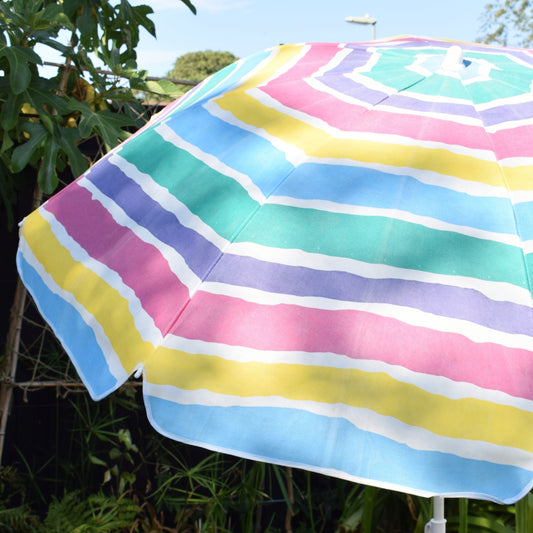 Vintage 1980s Garden Parasol - Pink, Purple, Blue, Yellow & Turquoise Stripes by Vintage