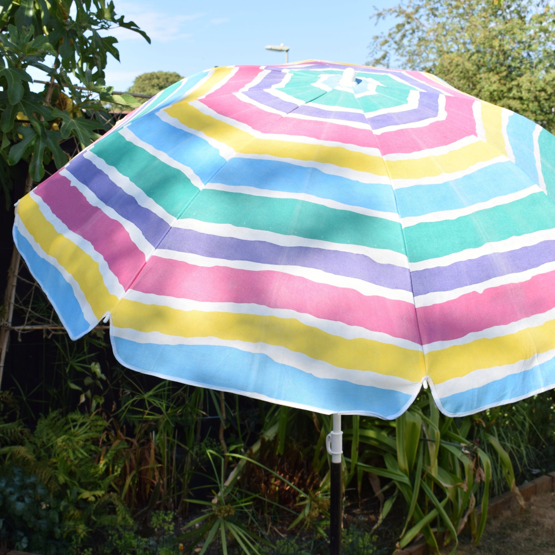 Vintage 1990s Garden Parasol - Pink, Purple, Blue, Yellow & Turquoise Stripes by Vintage