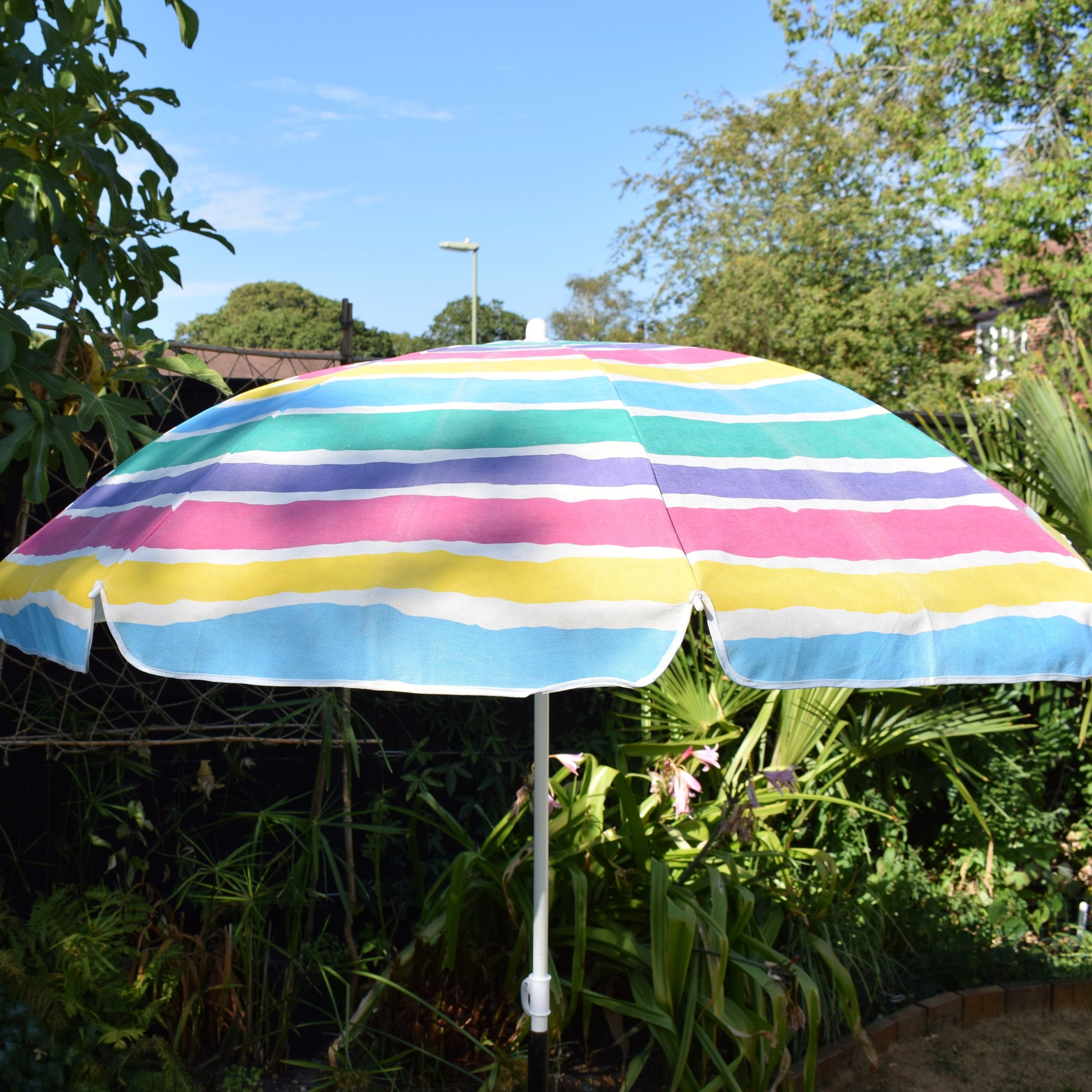 Vintage 1990s Garden Parasol - Pink, Purple, Blue, Yellow & Turquoise Stripes by Vintage