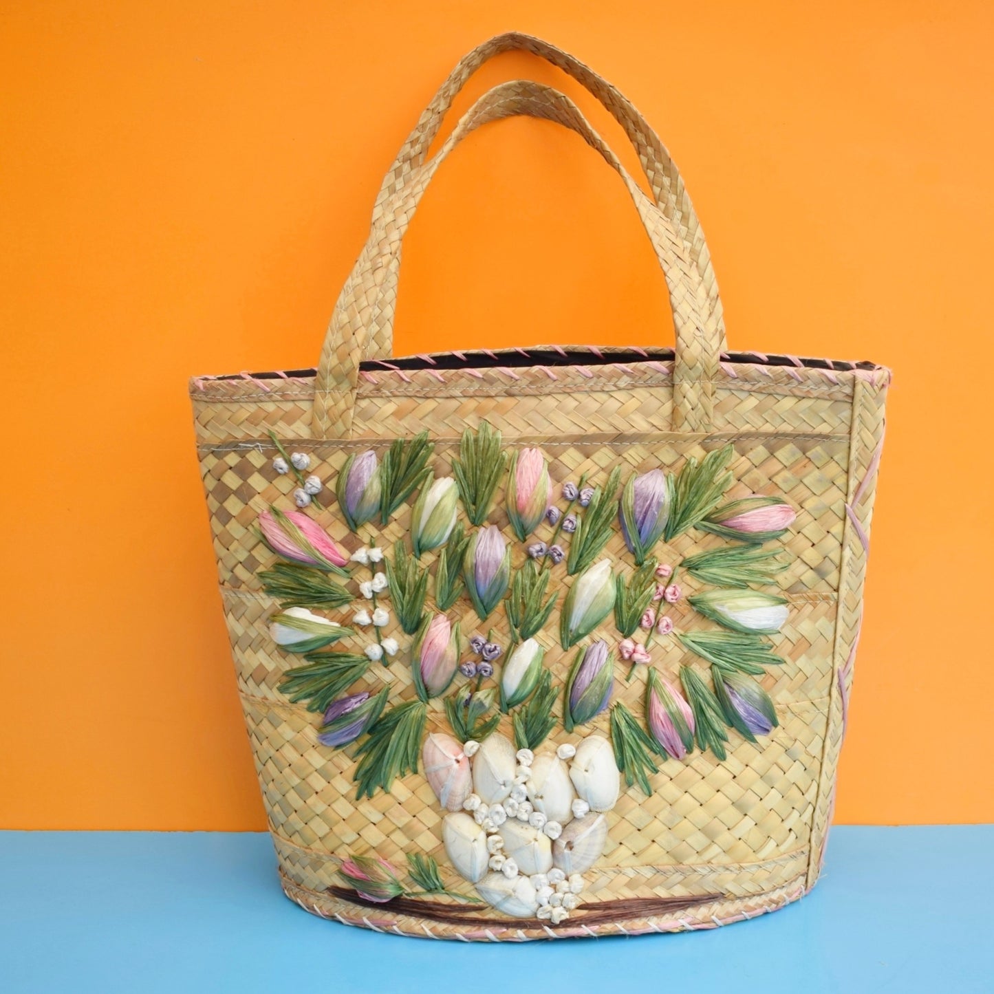 Vintage 1960s Straw / Raffia Bag - Lined - Pretty Flowers & Shells