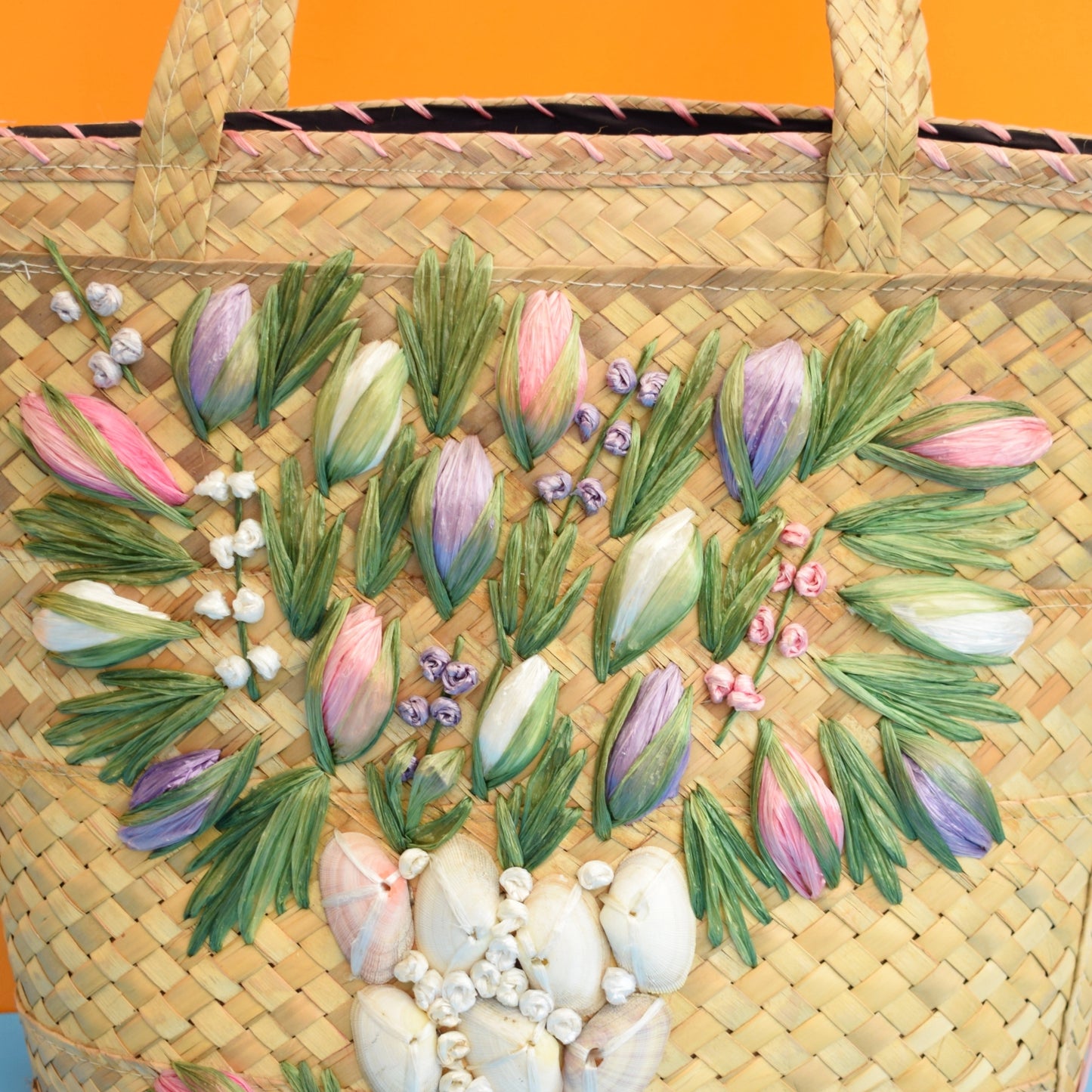 Vintage 1960s Straw / Raffia Bag - Lined - Pretty Flowers & Shells