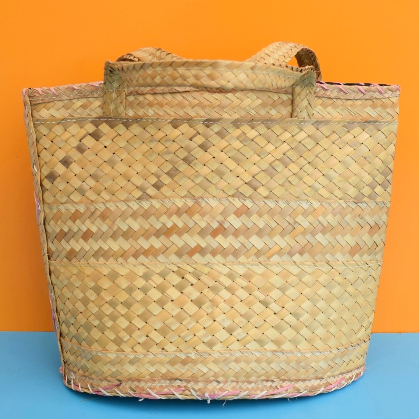 Vintage 1960s Straw / Raffia Bag - Lined - Pretty Flowers & Shells